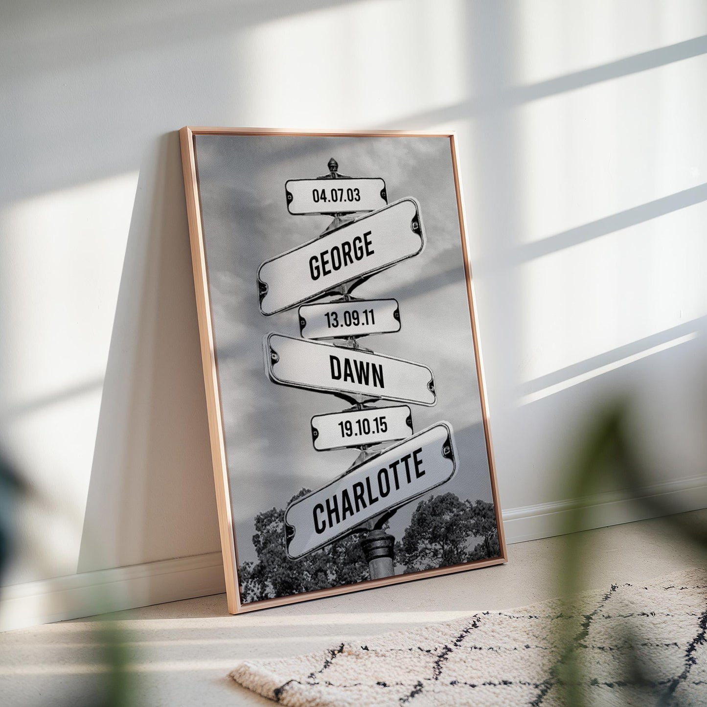 Framed custom street sign with personalised names and dates. Canvas float frame in choice of colours. Mum/Grandma birthday gift