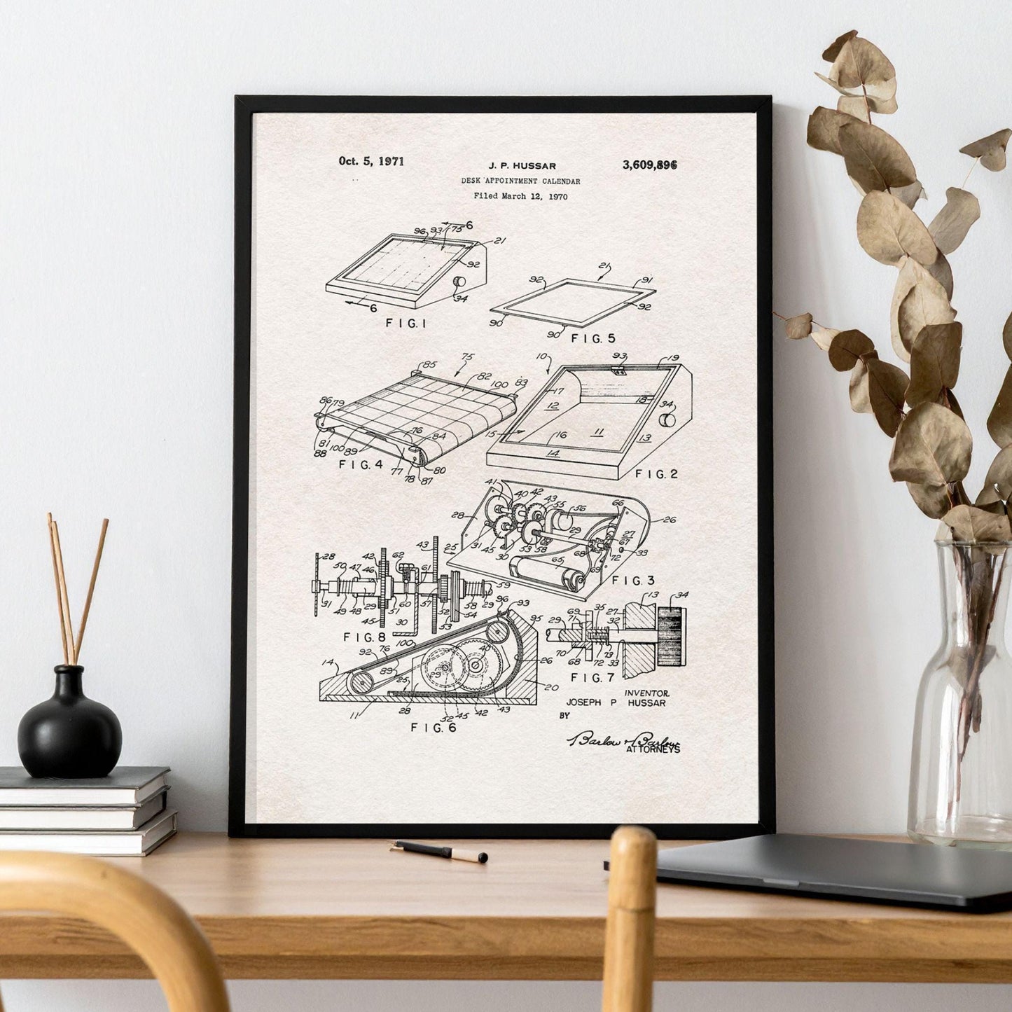 Vintage 1971 desktop calendar patent drawing in minimalist black and white, available as an art print or canvas for home office walls.