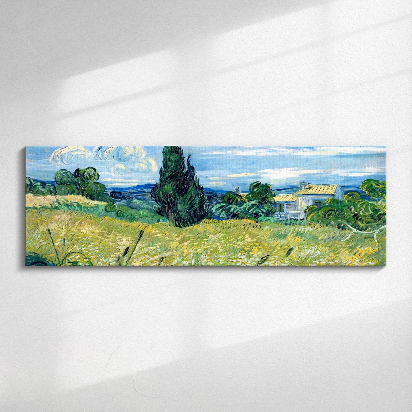 Van Gogh Green Wheat Fields | Panoramic canvas, expressionist landscape with fields and trees, wall art gift for rustic or creative homes