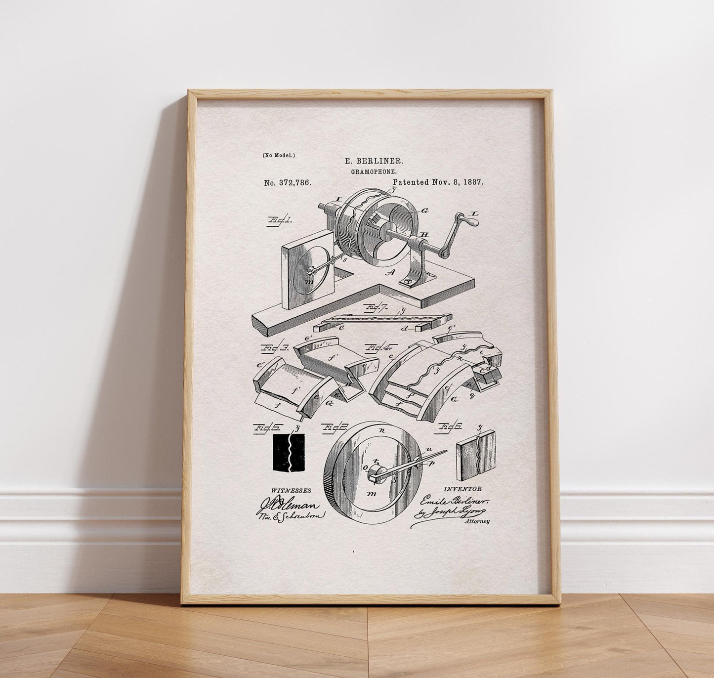 Gramophone patent application art print and canvas wall art for music lover. Quirky picture gift for DJ, Office Decor, record and vinyl art