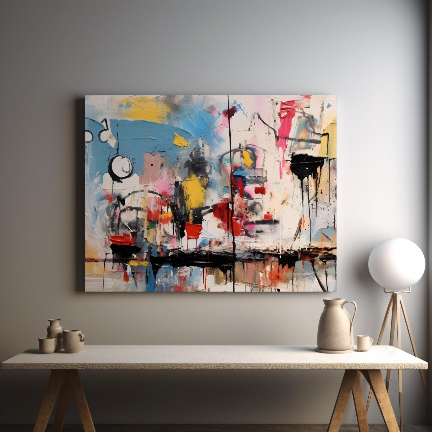 Abstract canvas wall art in Basquiat-inspired style, featuring bold splashes of colour with vibrant blues, reds, yellows, and blacks. Ideal for modern home decoration, minimalist spaces, and contemporary gallery-style interiors.