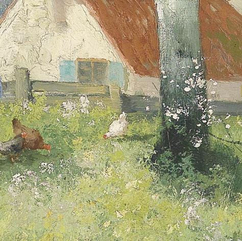 a painting of chickens in a field next to a house