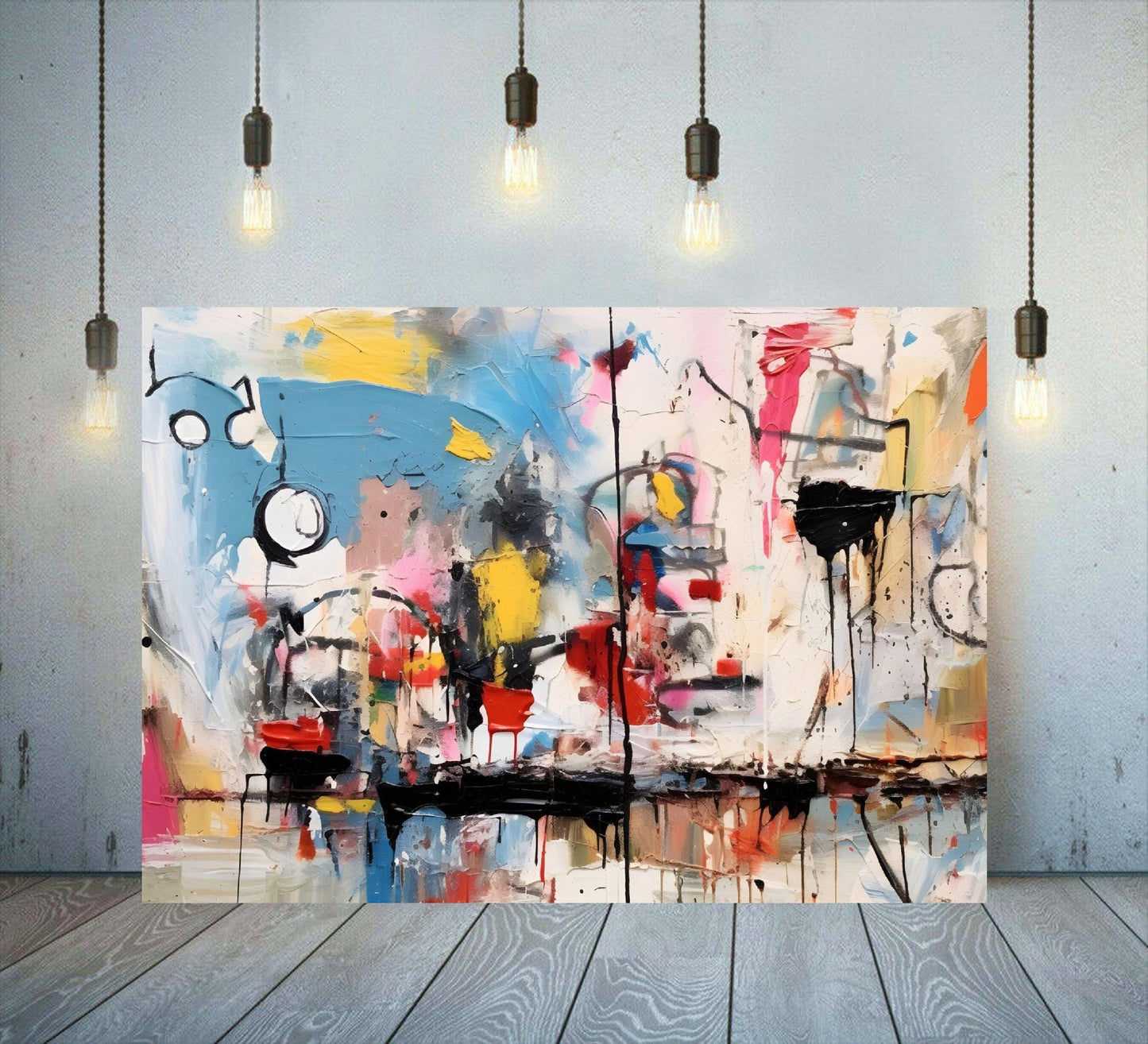 Abstract canvas wall art in Basquiat-inspired style, featuring bold splashes of colour with vibrant blues, reds, yellows, and blacks. Ideal for modern home decoration, minimalist spaces, and contemporary gallery-style interiors.