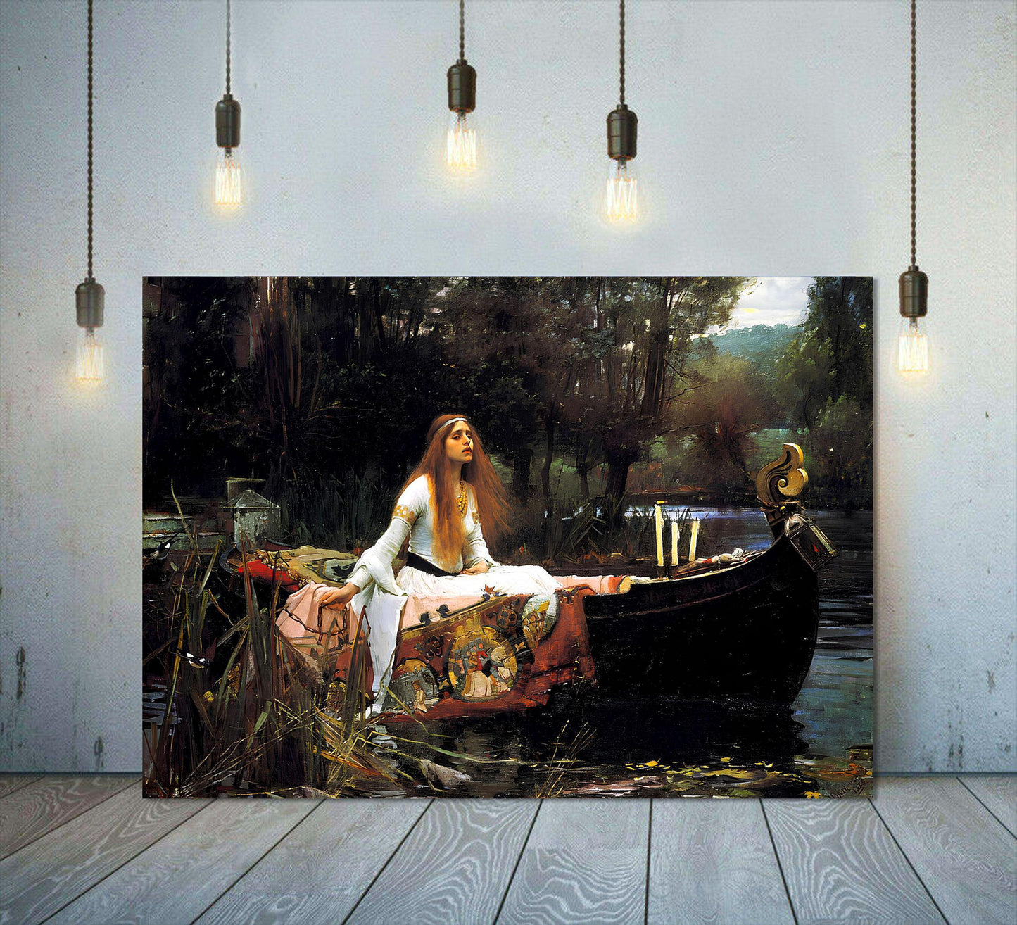 Lady of Shallott canvas or poster print for home decor by John William Waterhouse. Famous artist painting dark gothic cottagecore. Tragic heroine Victorian picture from Arthurian legend.