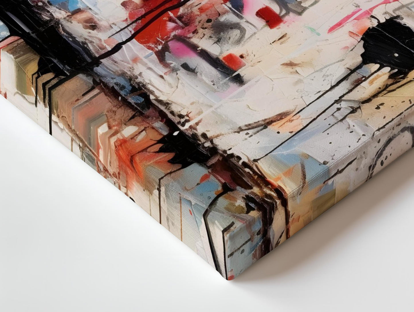 Abstract canvas wall art in Basquiat-inspired style, featuring bold splashes of colour with vibrant blues, reds, yellows, and blacks. Ideal for modern home decoration, minimalist spaces, and contemporary gallery-style interiors.