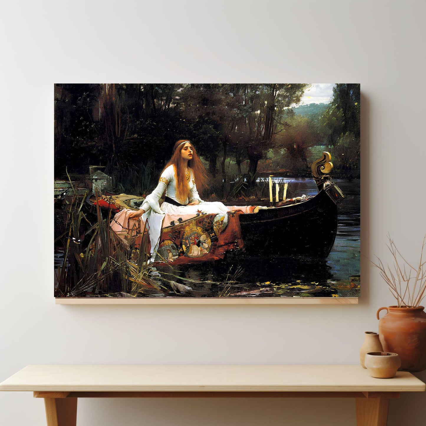 Lady of Shallott canvas or poster print for home decor by John William Waterhouse. Famous artist painting dark gothic cottagecore. Tragic heroine Victorian picture from Arthurian legend.