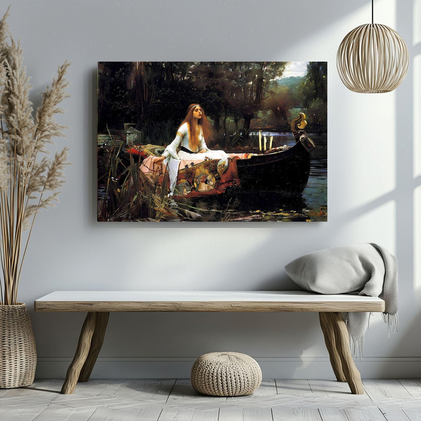 Lady of Shallott canvas or poster print for home decor by John William Waterhouse. Famous artist painting dark gothic cottagecore. Tragic heroine Victorian picture from Arthurian legend.
