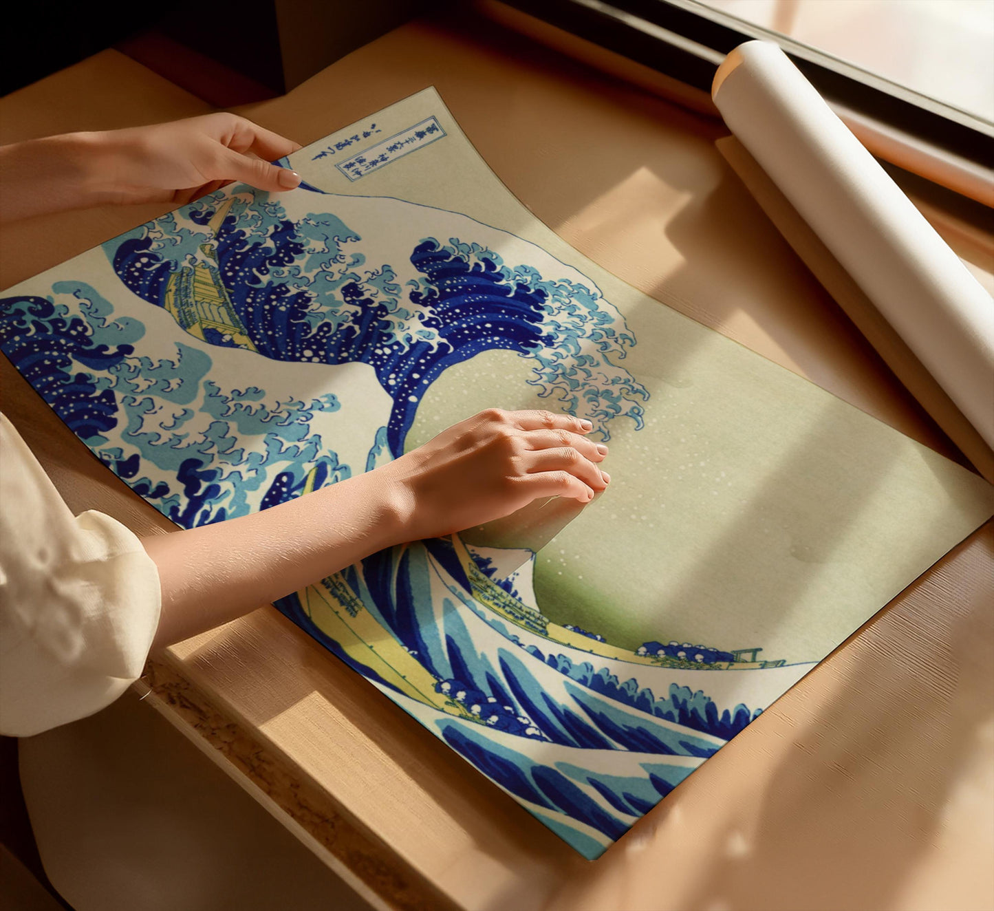Set of 2 prints featuring iconic Japanese woodblock artworks by Katsushika Hokusai, perfect for Japandi interior design. "Thirty-Six Views of Mount Fuji," presents a tranquil landscape, while "The Great Wave off Kanagawa," captures the power of nature, both rendered in exquisite watercolour painting style. These museum prints offer a minimalist style, making them ideal wall decor or gallery posters for modern and spaces.