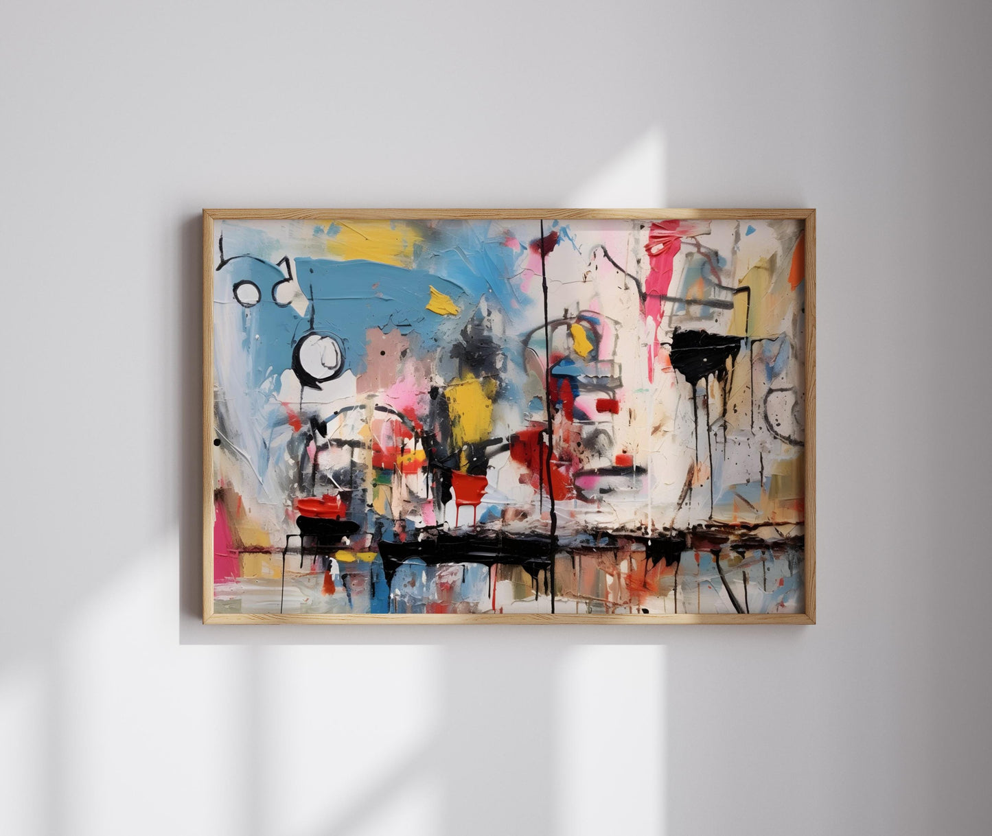 Abstract canvas wall art in Basquiat-inspired style, featuring bold splashes of colour with vibrant blues, reds, yellows, and blacks. Ideal for modern home decoration, minimalist spaces, and contemporary gallery-style interiors.