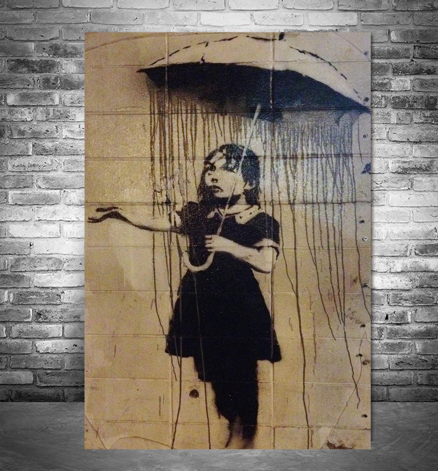 Banksy Girl with Umbrella in Black Rain