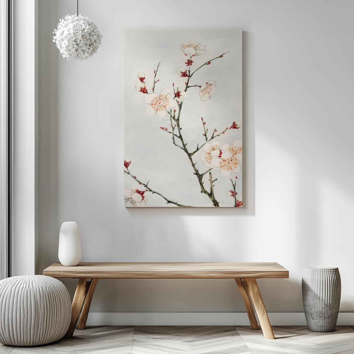 Elegant Japanese woodblock print by Morikaga, featuring delicate plumb blossoms in a neutral style. Inspired by famous artists like Katsushika Hokusai, this artwork is perfect for spring neutral wall decor and Japandi interior aesthetics. A timeless piece ideal for home decoration or as part of a gallery posters collection.