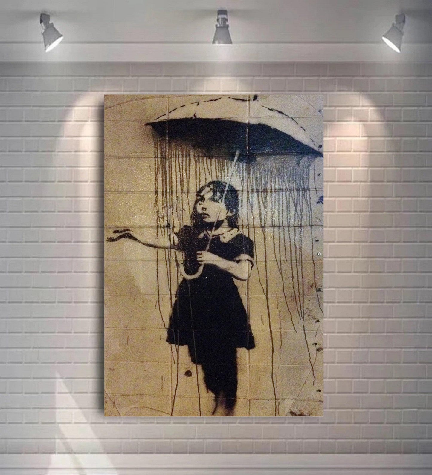 Banksy Girl with Umbrella in Black Rain