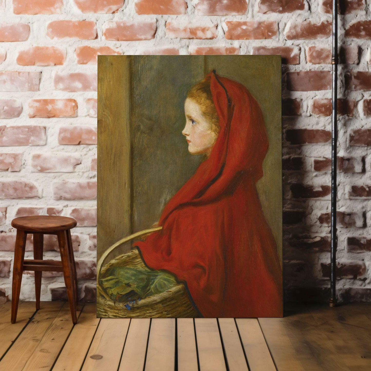 Canvas wall art and poster of Millais Little Red Riding Hood oil painting by famous artist. The picture is appreciated by fine art lovers all over the world and bought as stretched canvases and poster prints.