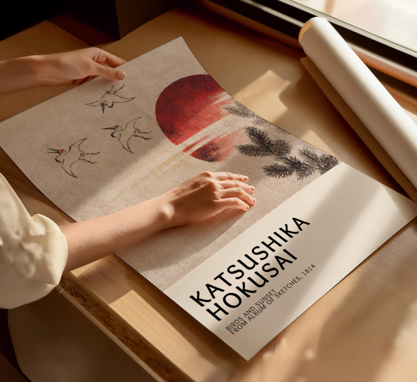 Elegant Japanese woodblock print featuring Birds and Sunset in a neutral style. A classic artwork by famous artist Katsushika Hokusai, this artwork is perfect for neutral wall decor and Japandi interior aesthetics. A timeless piece ideal for home decoration or as part of a gallery posters collection.