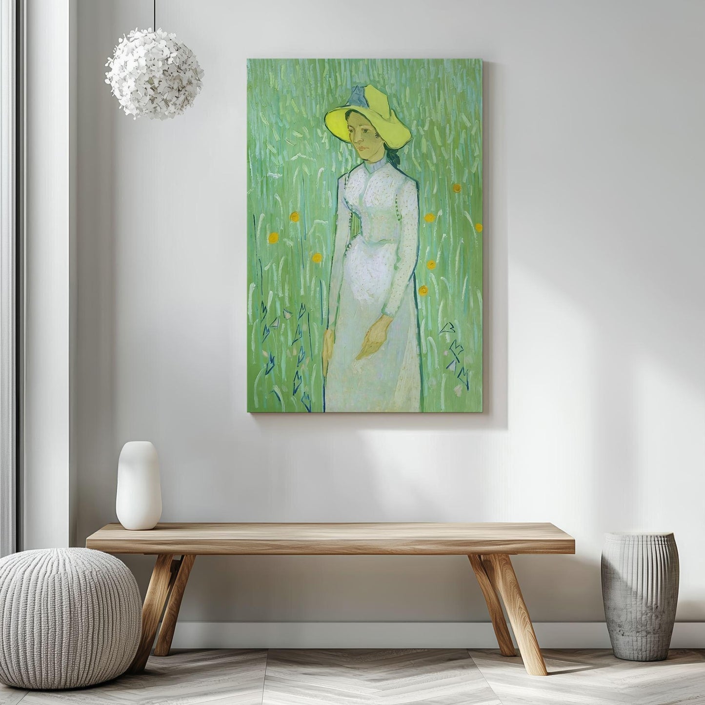 Girl in white by van Gogh canvas art printed on wall in new home