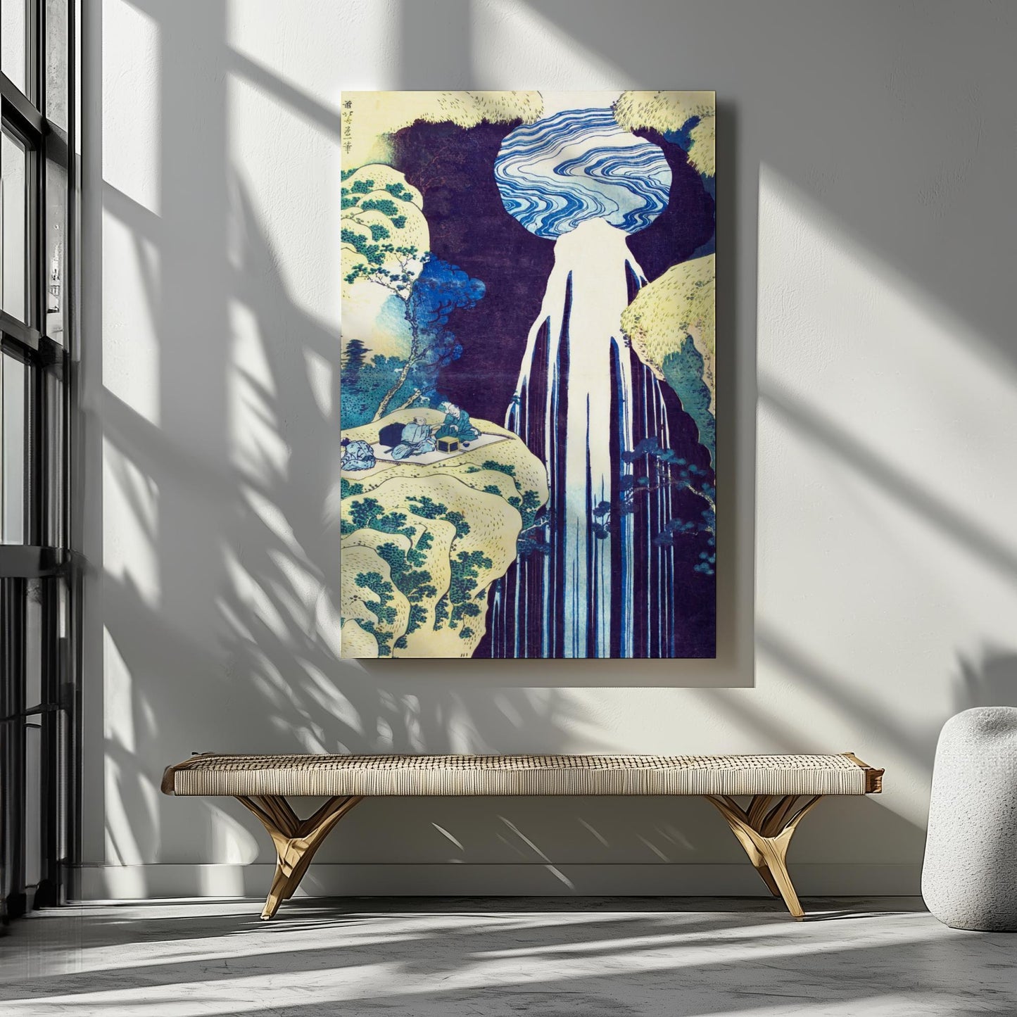 Japanese waterfalls SET of 3 canvases for Japandi minimalist home decor. Famous artist painting by Hokusai for contemporary rooms. Canvas wall hangings suitable for nordic and scandi style as well as Japan oriental.