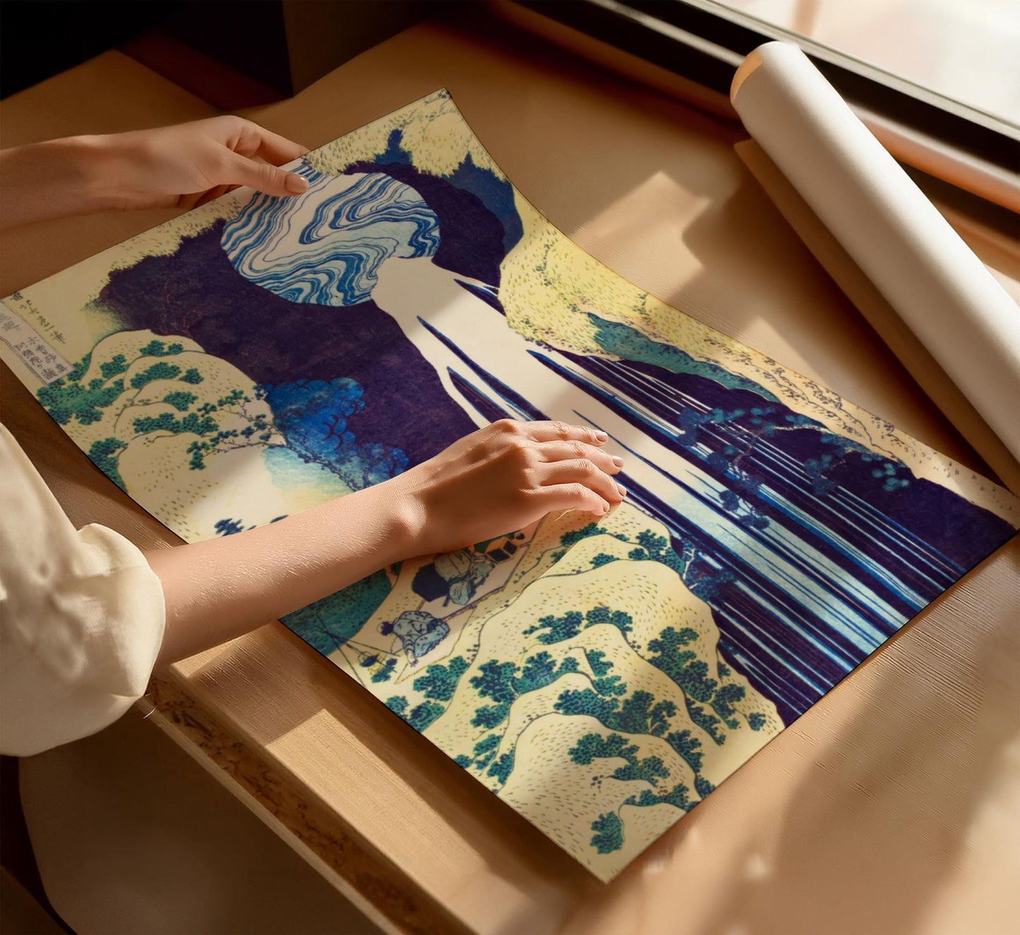 The Waterfall of Amida by Katsushika Hokusai is a stunning ukiyo-e print from his A Tour of Japanese Waterfalls series, created in the 19th century. This masterpiece captures the dramatic flow of water cascading down a rocky cliff, framed by lush natural scenery, showcasing Hokusai’s signature blend of movement, detail, and traditional Japan watercolours.