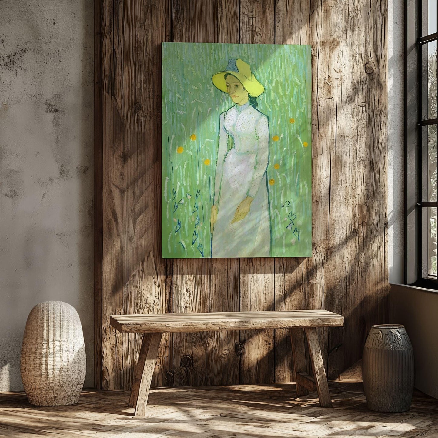 Girl in white by van Gogh canvas art printed on wall in new rustic home