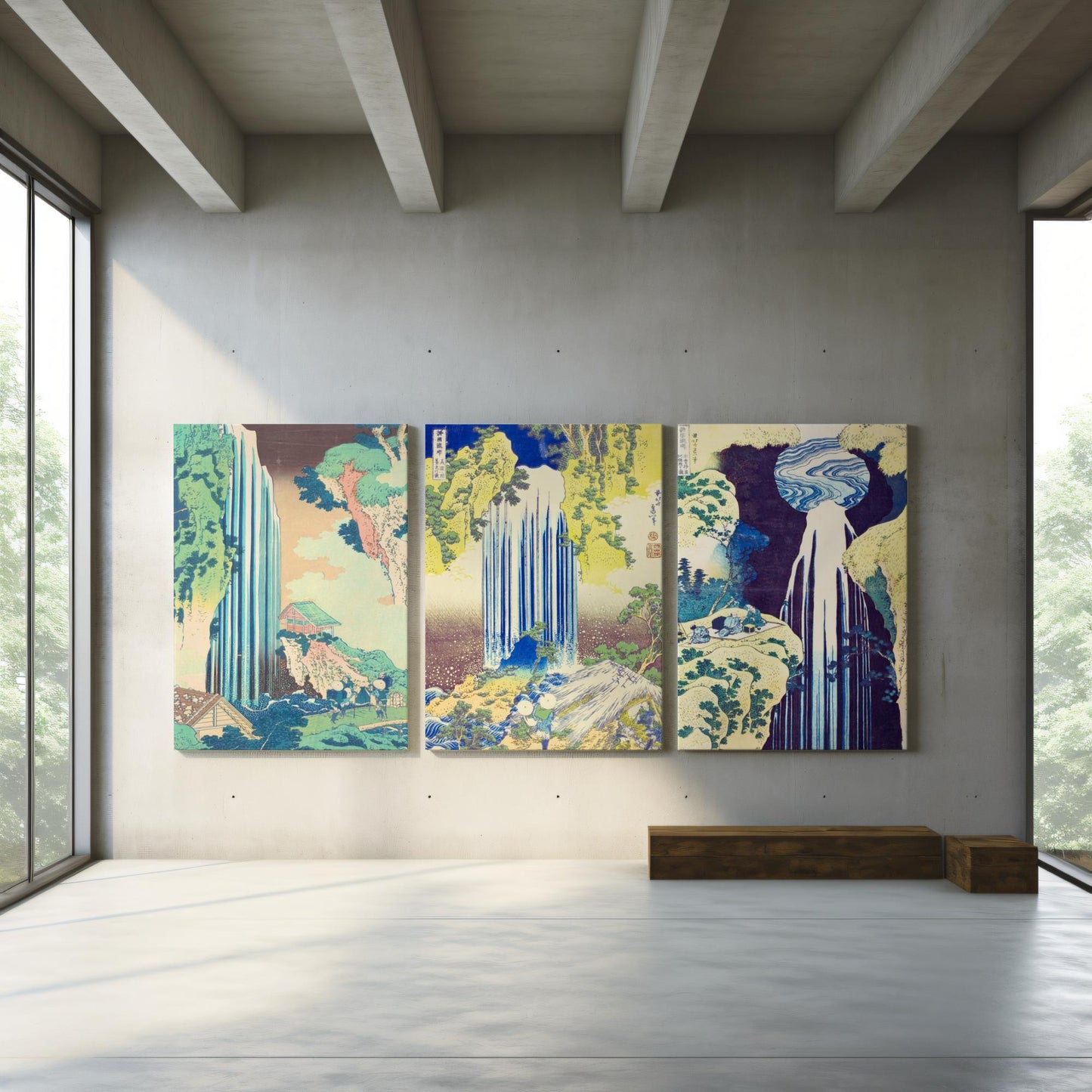 Japanese waterfalls SET of 3 canvases for Japandi minimalist home decor. Famous artist painting by Hokusai for contemporary rooms. Canvas wall hangings suitable for nordic and scandi style as well as Japan oriental.