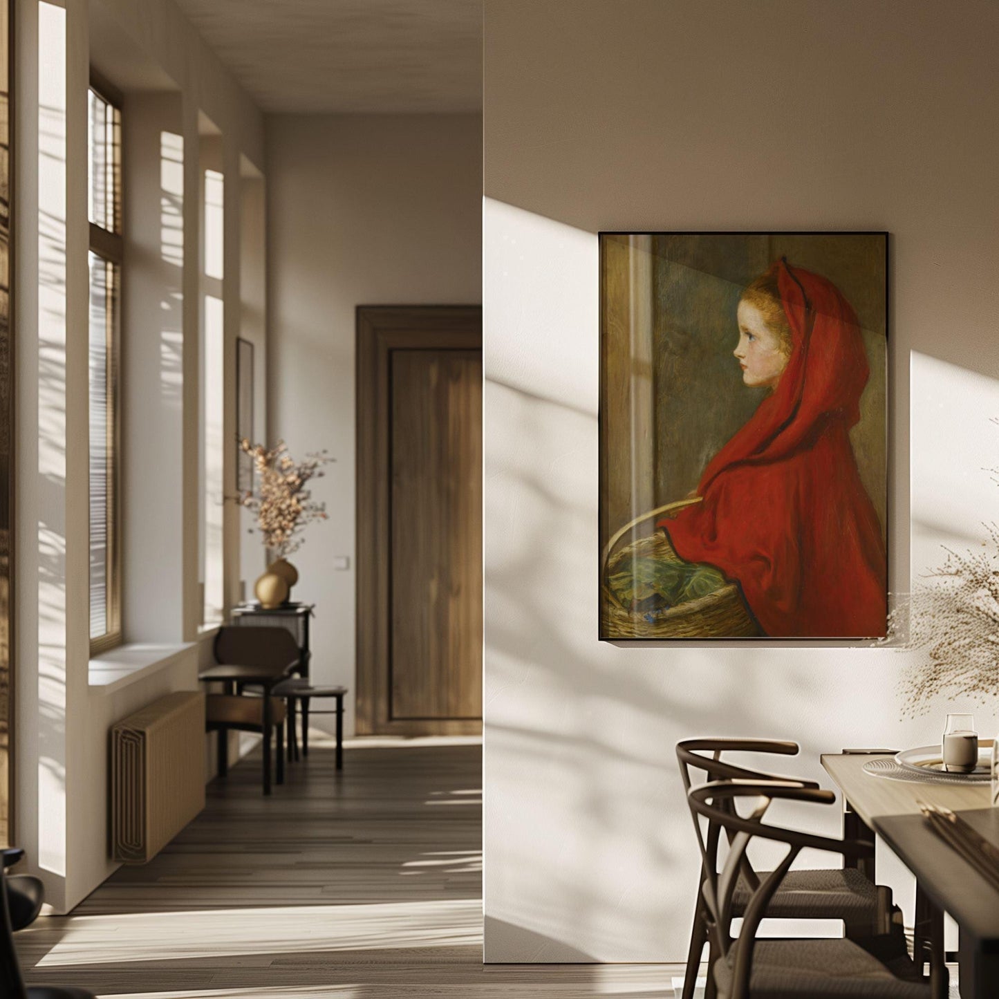 Canvas wall art and poster of Millais Little Red Riding Hood oil painting by famous artist. The picture is appreciated by fine art lovers all over the world and bought as stretched canvases and poster prints.
