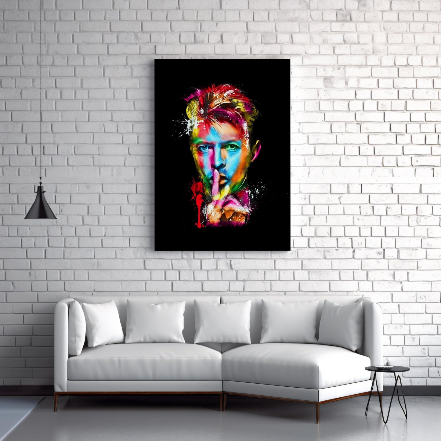 Colourful abstract pop art print of David Bowie, featuring vibrant splashes of paint on a black background. A striking Ziggy Stardust-inspired glam rock poster, perfect for music lovers and contemporary art enthusiasts. Ideal for canvas wall art or printed canvas decor.