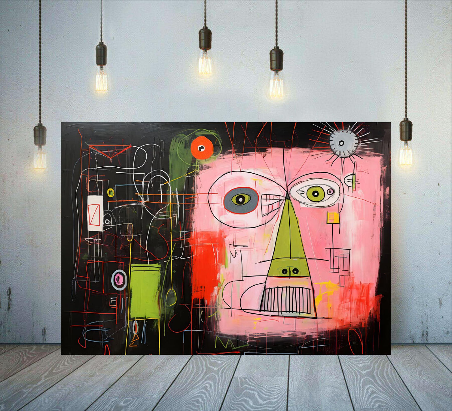 Graffiti-inspired wall art featuring a Basquiat-style abstract face with pink, green, and red hues on a dark background. Perfect for adding edgy, urban vibes to modern interiors, studios, or creative spaces.