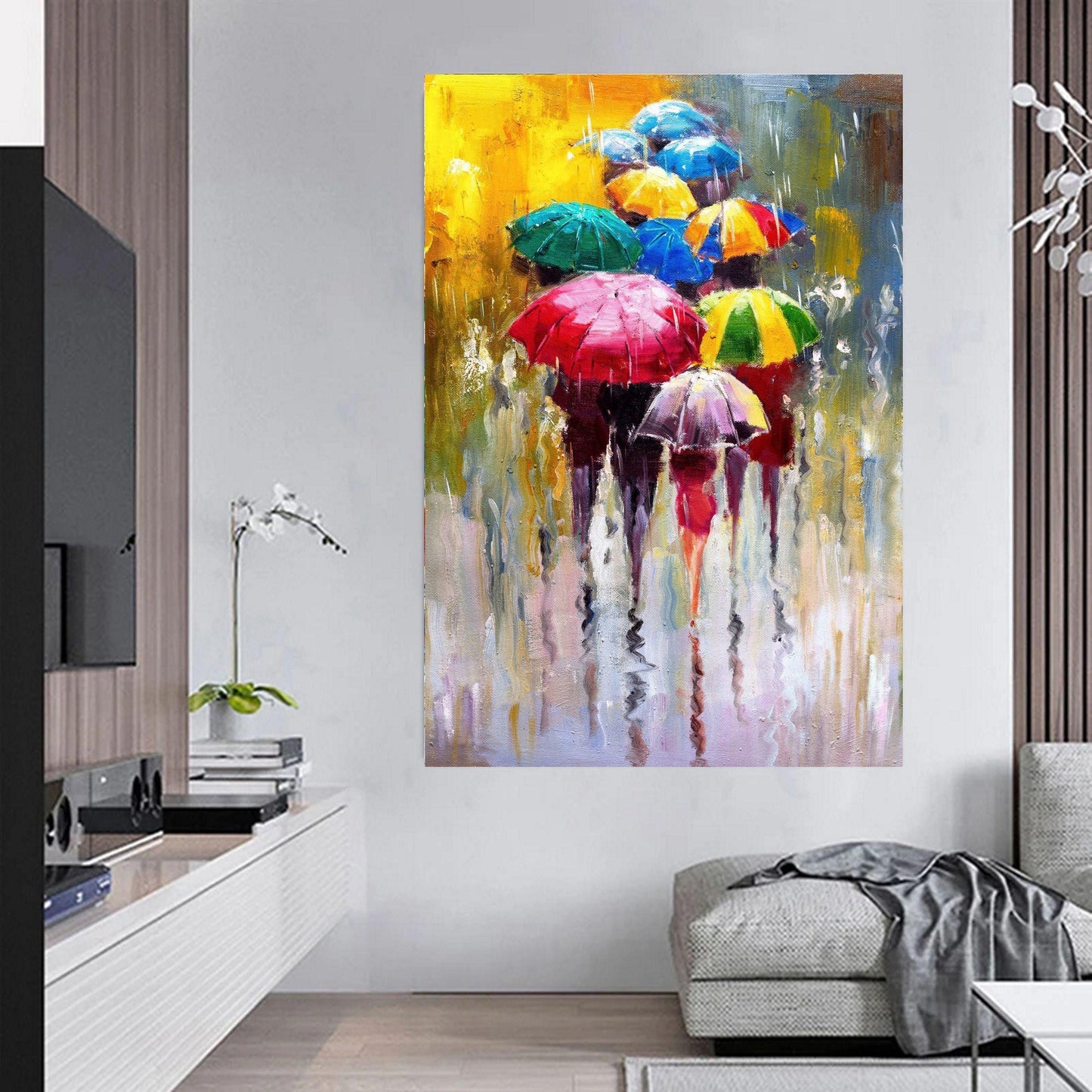 Canvas or art print of a person walking with a colourful umbrella in a rainy city street, painted in abstract impressionist style
