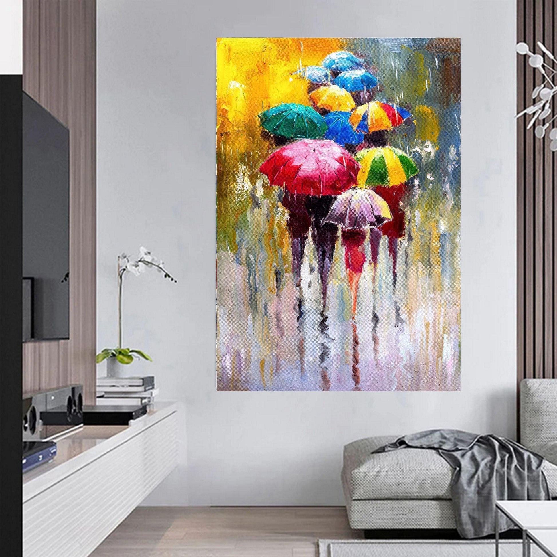 Canvas or art print of a person walking with a colourful umbrella in a rainy city street, painted in abstract impressionist style
