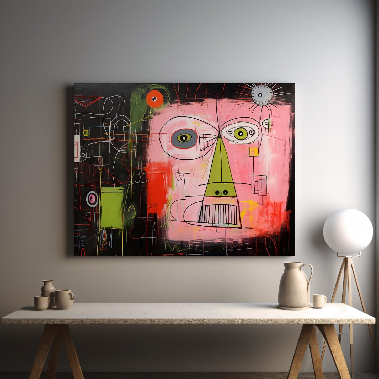 Graffiti-inspired wall art featuring a Basquiat-style abstract face with pink, green, and red hues on a dark background. Perfect for adding edgy, urban vibes to modern interiors, studios, or creative spaces.