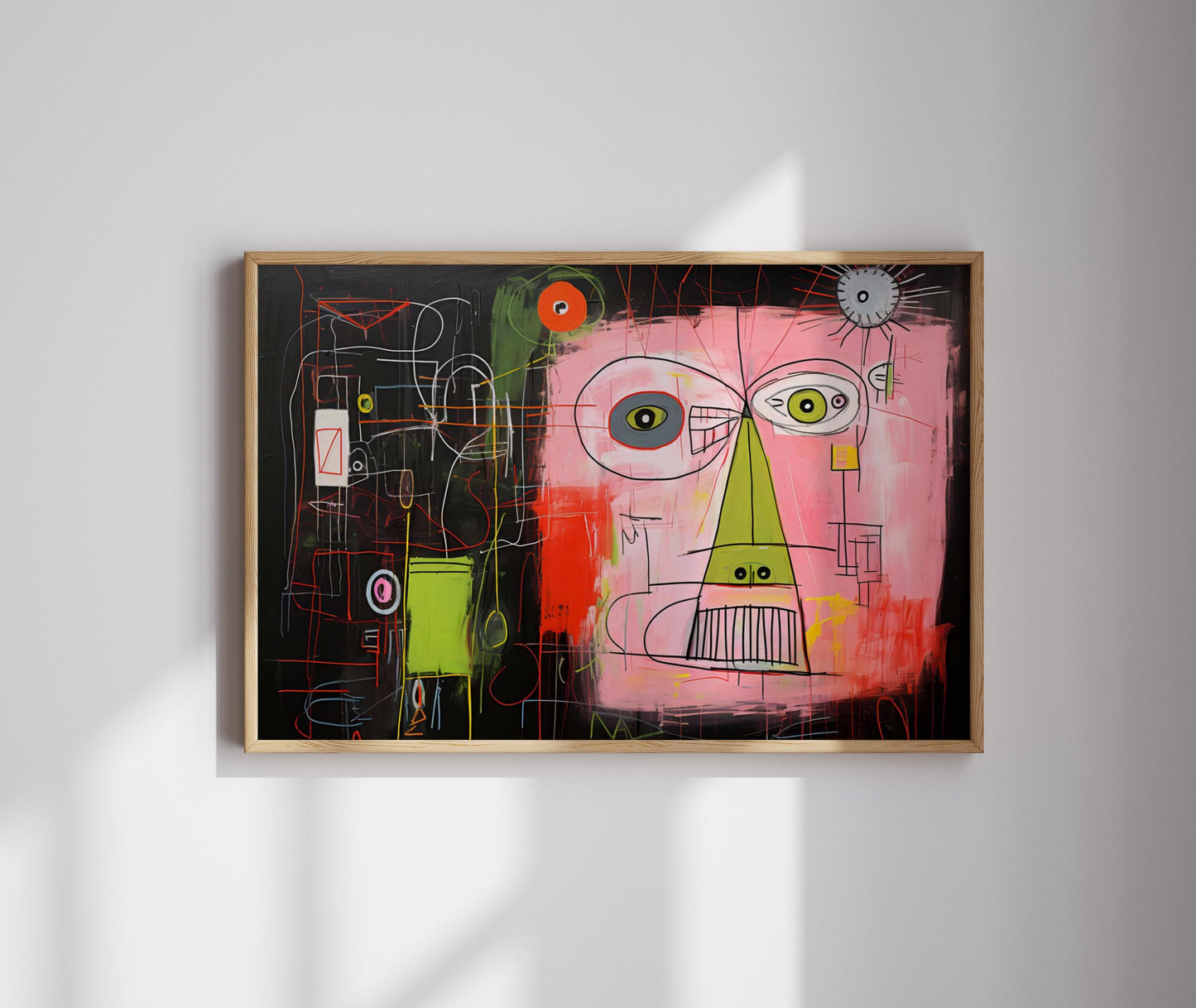 Graffiti-inspired wall art featuring a Basquiat-style abstract face with pink, green, and red hues on a dark background. Perfect for adding edgy, urban vibes to modern interiors, studios, or creative spaces.