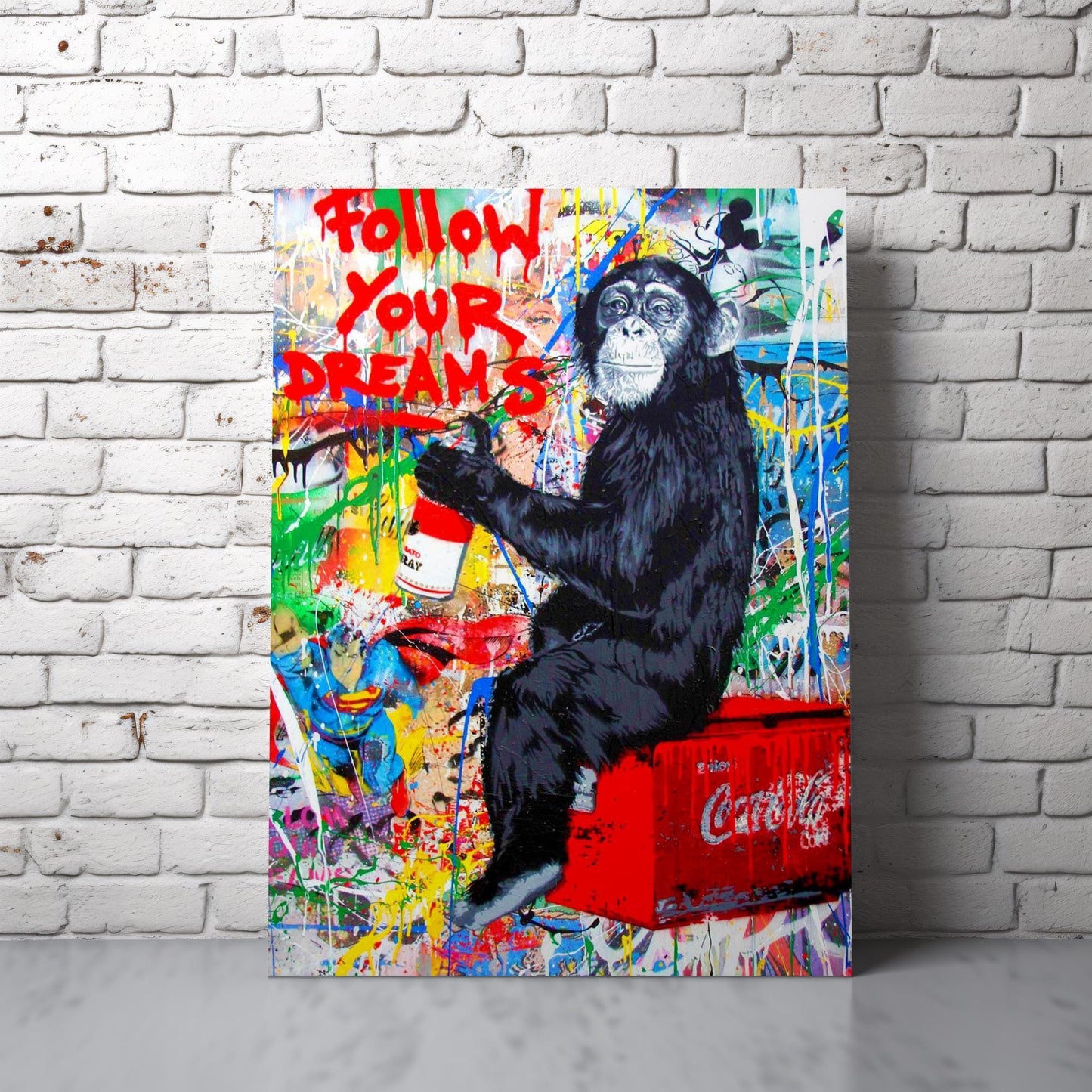 Colourful graffiti painting featuring a playful chimpanzee holding a spray can with the words "Follow Your Dreams" in bold red. A vibrant urban street picture inspired by Mr. Brainwash and Banksy canvas styles. Perfect for modern wall decor and printed on high-quality canvas.