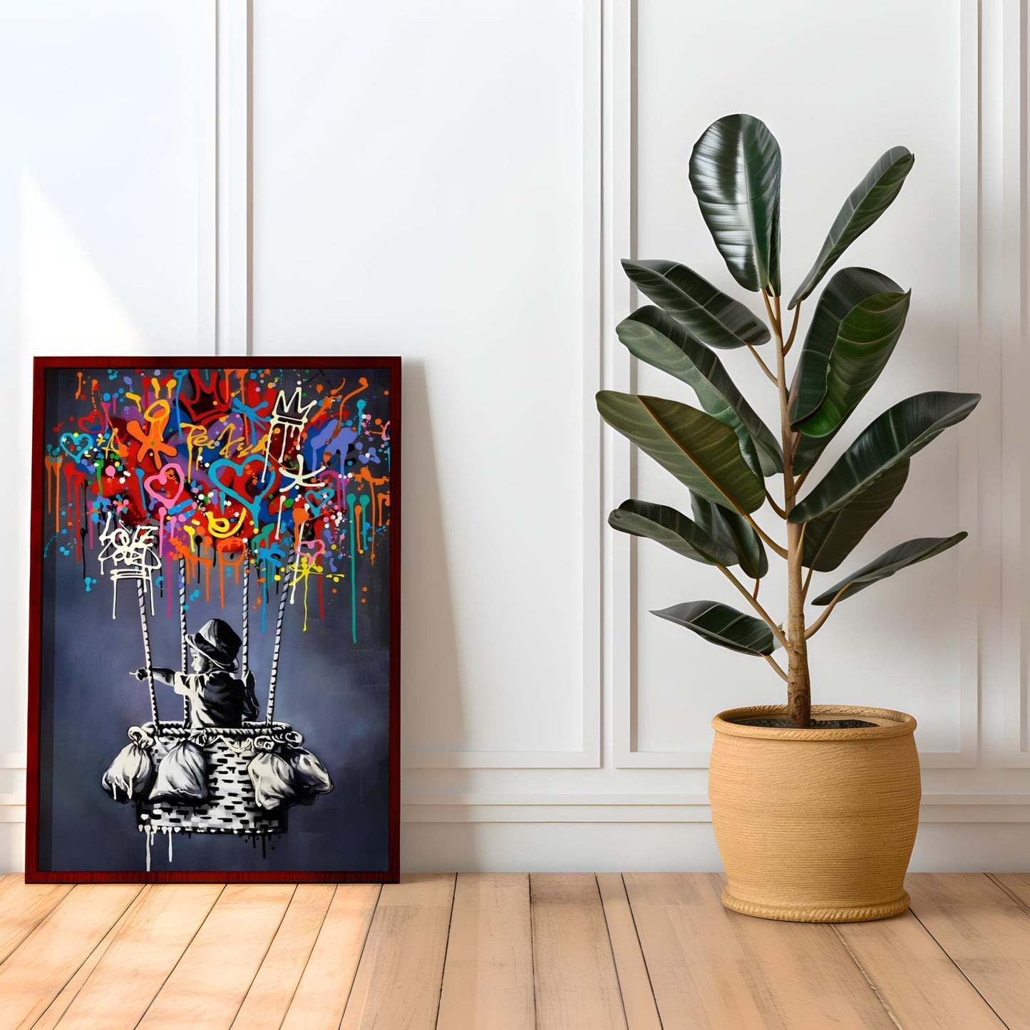 Set of two Banksy-style graffiti prints featuring a girl with a balloon and a boy in a hot air balloon. Vibrant street art with bold colours, perfect for modern interiors and contemporary wall decor. Poster prints ideal for home decoration, blending nostalgia with an urban, artistic twist. A striking choice for lovers of graffiti prints and vibrant paintings.