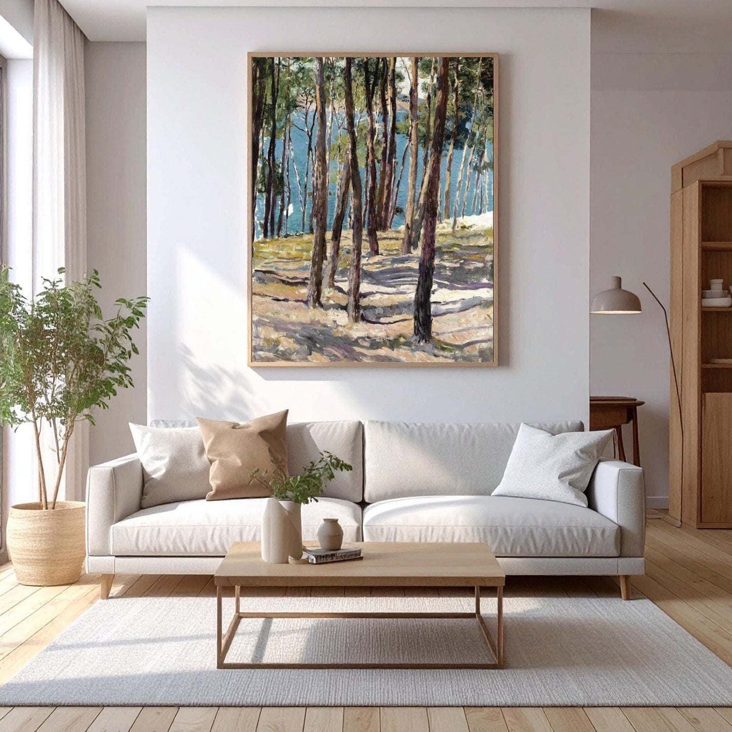 A peaceful woodland forest canvas with float frame by Joaquín Sorolla, painted in 1900, capturing sunlight filtering through Galician pine trees. This canvas with optional float frame adds a calm, natural touch to living rooms or hallways — ideal for creating a welcoming feel in your home or for property styling.