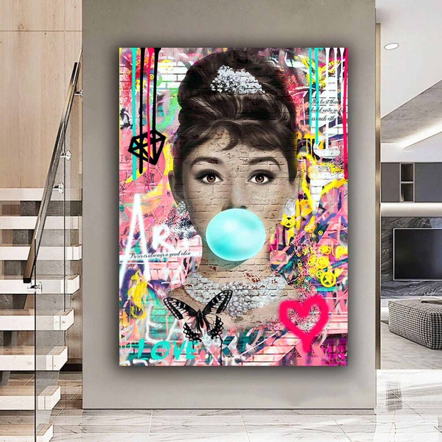 An iconic banksy style graffiti street art canvas of Audrey Hepburn. Also available as a poster print.