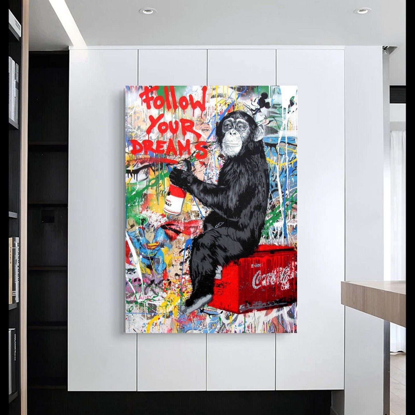 Colourful graffiti painting featuring a playful chimpanzee holding a spray can with the words "Follow Your Dreams" in bold red. A vibrant urban street picture inspired by Mr. Brainwash and Banksy canvas styles. Perfect for modern wall decor and printed on high-quality canvas.