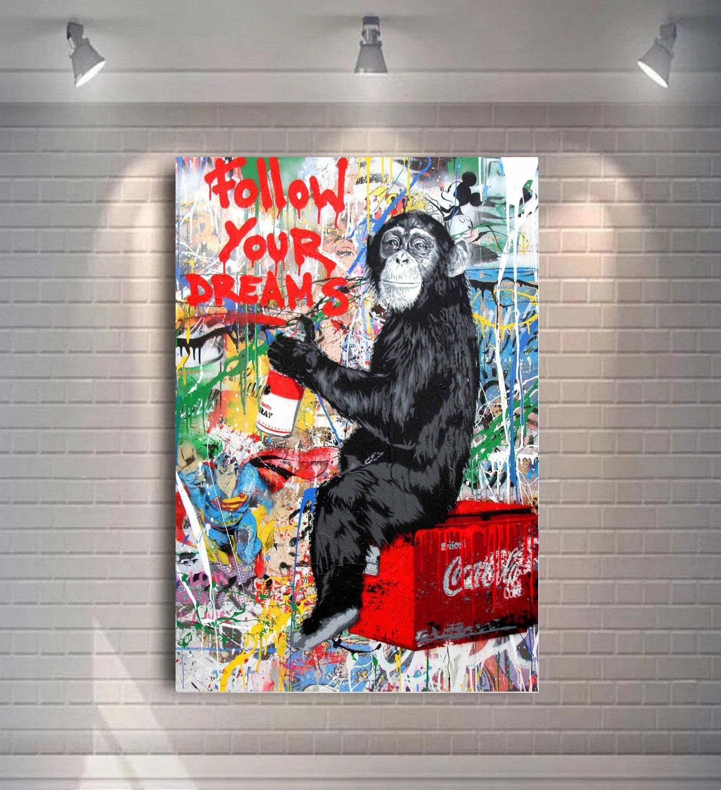 Colourful graffiti painting featuring a playful chimpanzee holding a spray can with the words "Follow Your Dreams" in bold red. A vibrant urban street picture inspired by Mr. Brainwash and Banksy canvas styles. Perfect for modern wall decor and printed on high-quality canvas.