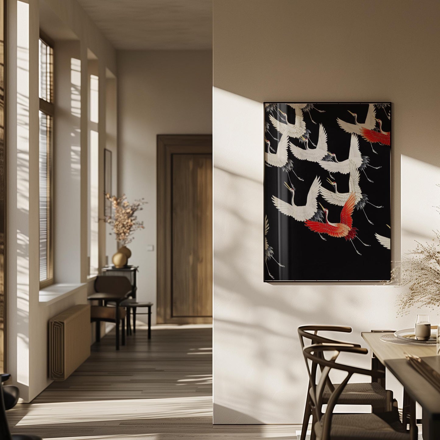A graphic depiction of Cranes Flying modern art canvas. Option of canvas wallart or poster print for contemporary home decor. An ideal modern picture gift for lovers of graphic illustration.