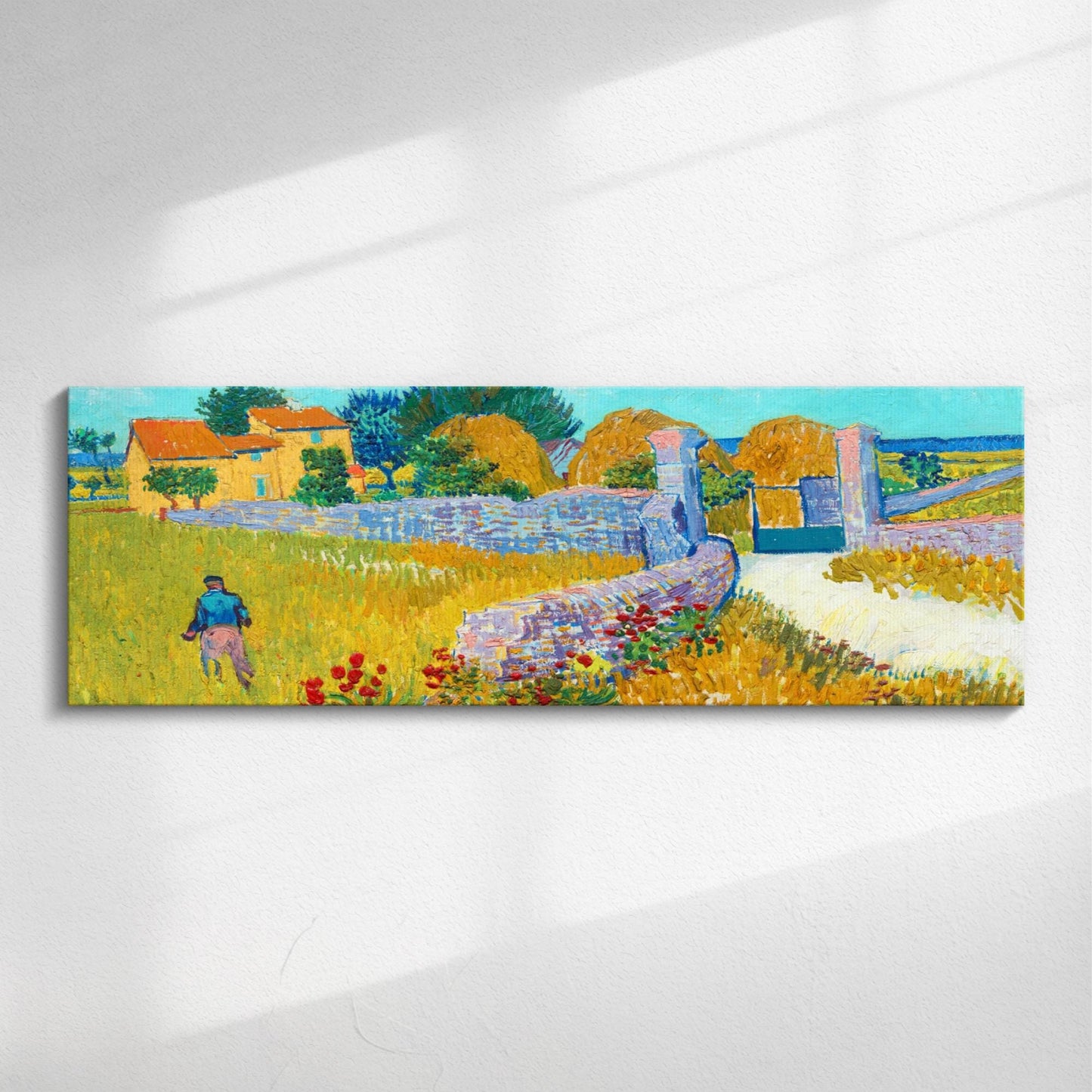 Panoramic canvas print of Van Gogh’s Farmhouse in Provence showing golden fields, green trees and rustic buildings in impressionist style