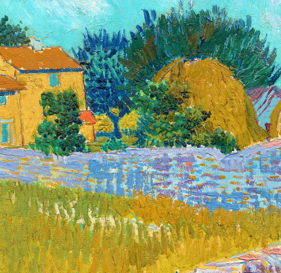 a painting of a field with a house in the background