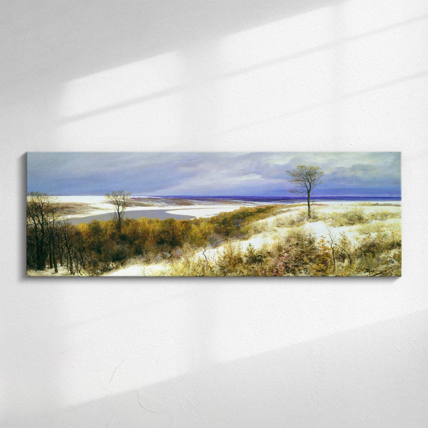 Snow Scene Panorama | Panoramic canvas wall art, wide snowy winter landscape. Festive wintery picture.