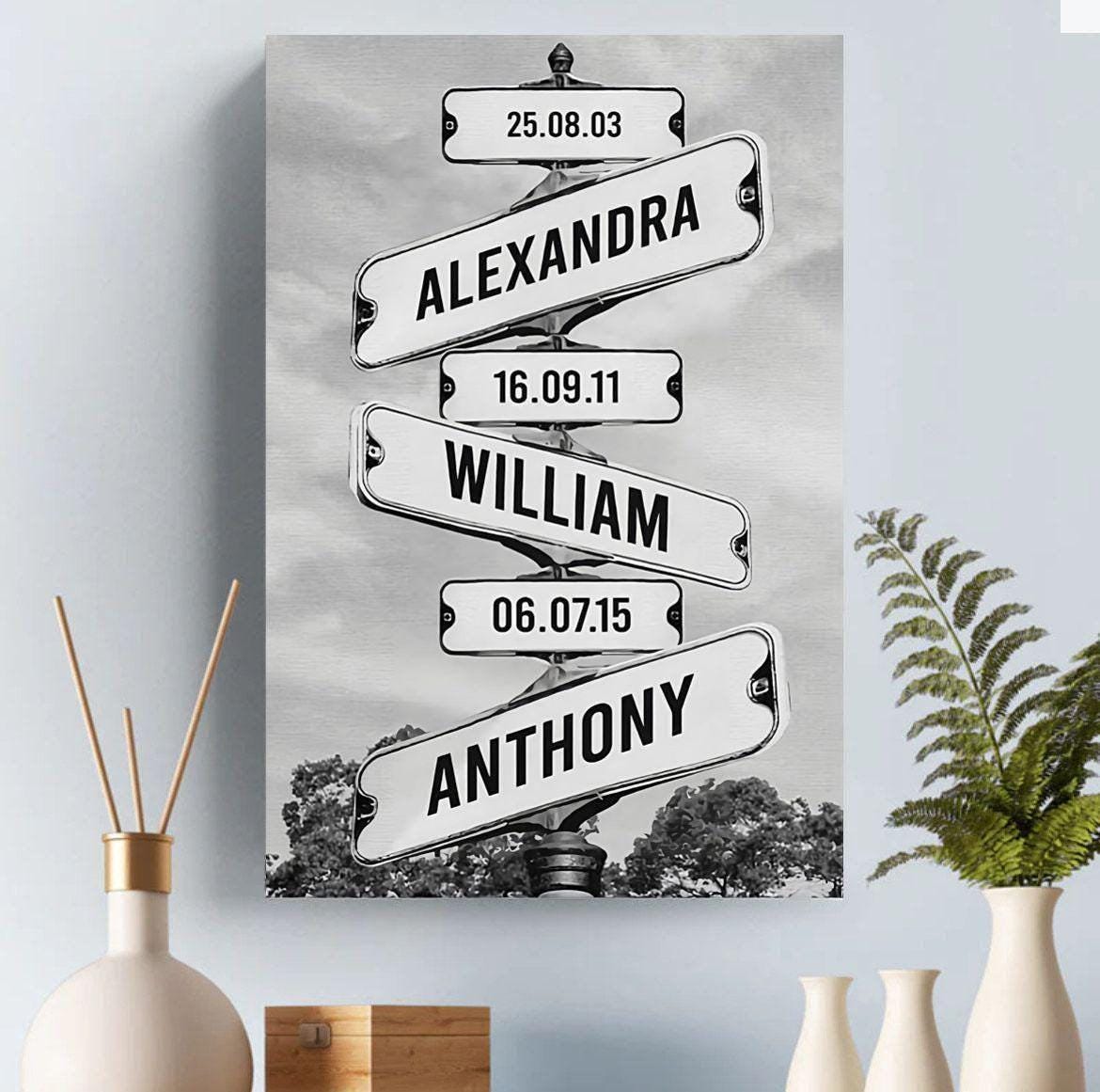 Street sign canvas wall art with your names and dates, custom made peronalised