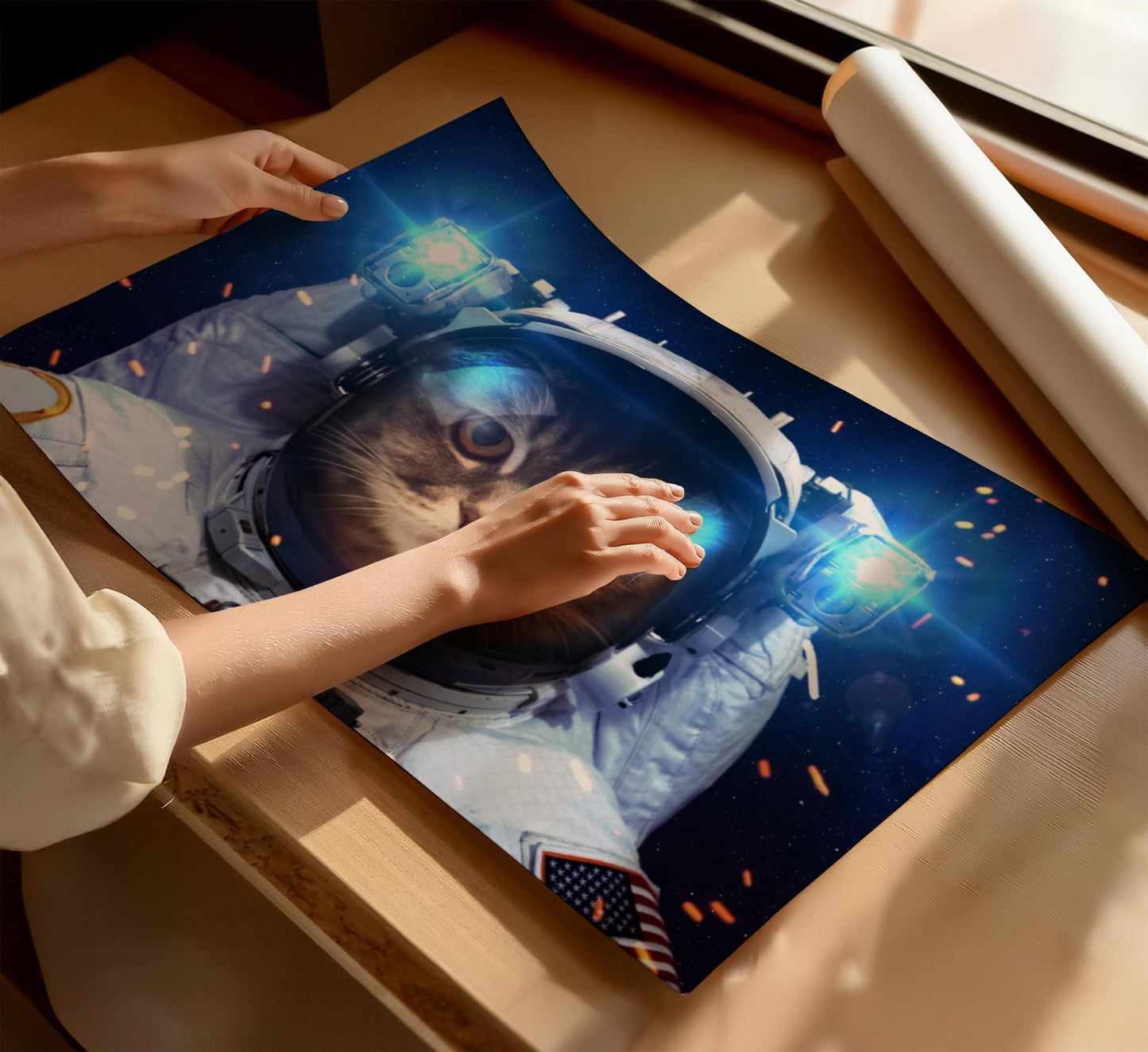 Cat in Space Canvas Wall Art or poster print. Tabby astronaut, comical quirky spacesuit print. Student room, cat lover, sci-fi gift.