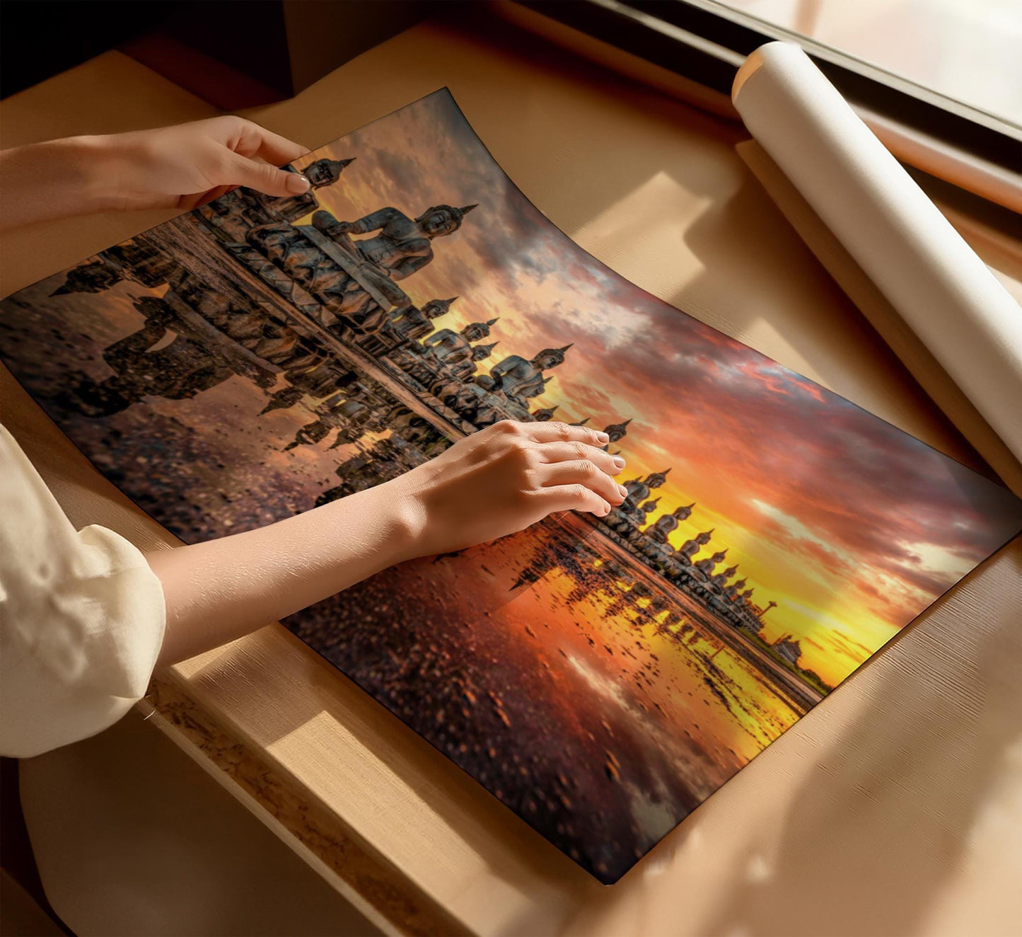 Buddhas at Sunset canvas wall art or poster print. Stunning artwork canvasses or art printed. Buddhist meditation illustration photograph
