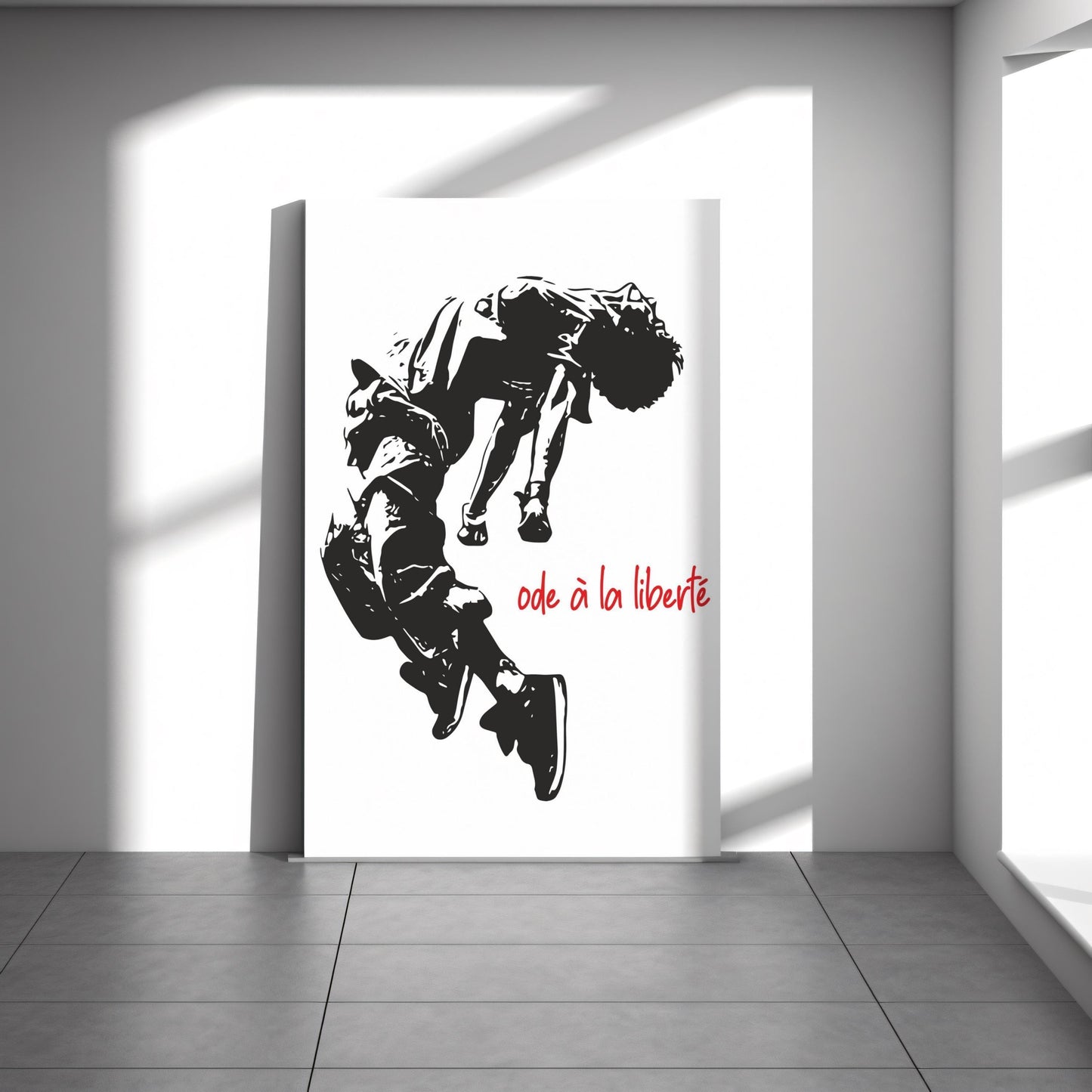 Ode a la Liberte graffiti canvas wall art or poster print for modern decor. Freedom themed illustration. Urban picture, Banksy street art, student gift. Black, white and red graphic design of young man jumping.