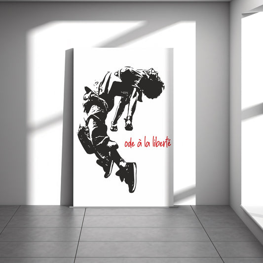 Ode a la Liberte graffiti canvas wall art or poster print for modern decor. Freedom themed illustration. Urban picture, Banksy street art, student gift. Black, white and red graphic design of young man jumping.