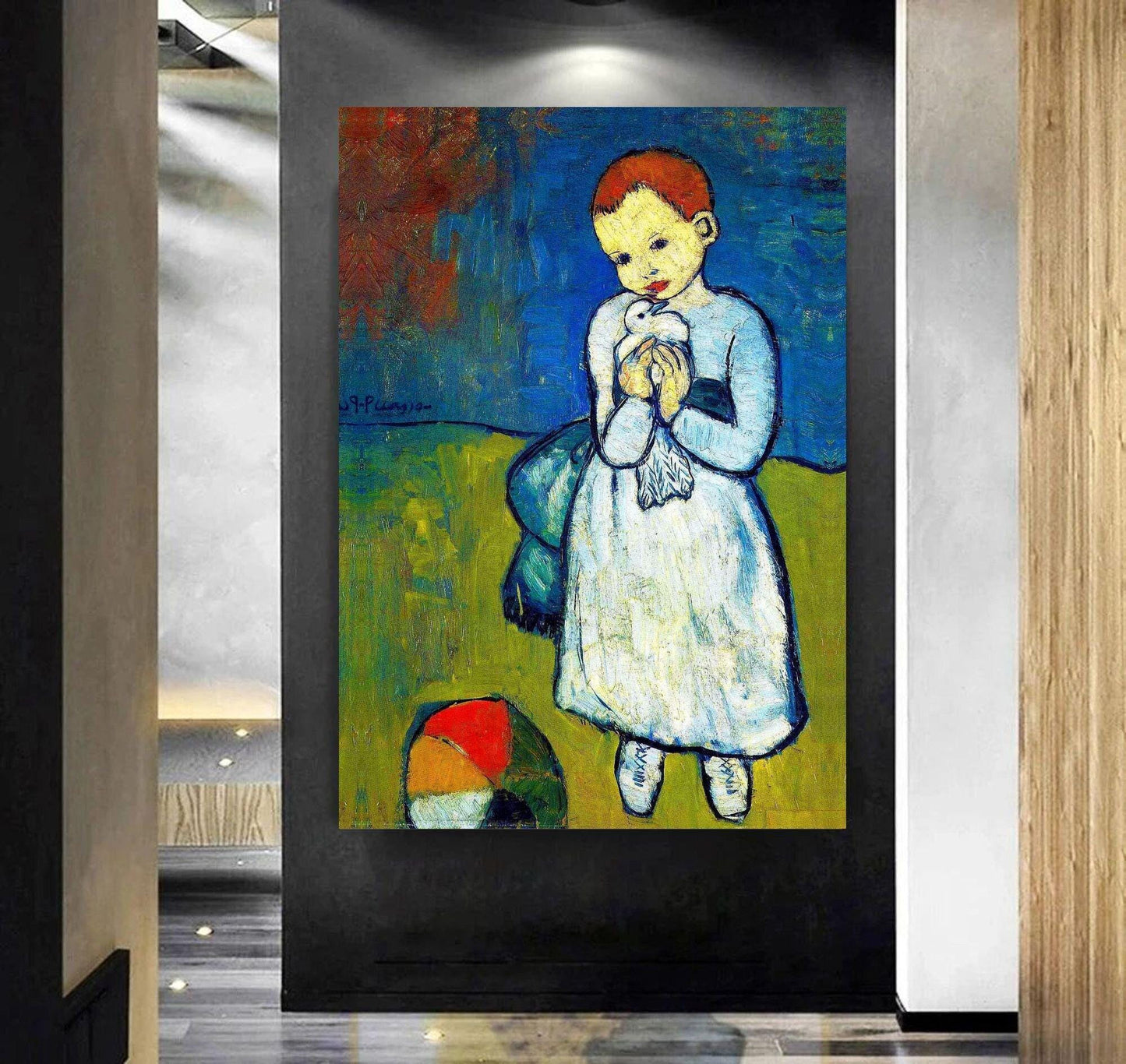 Child with a Dove canvas print – Pablo Picasso's iconic Blue Period artwork featuring a young child holding a white dove, symbolising peace and innocence. Ideal for adding a touch of classic art to your home decor or gallery wall