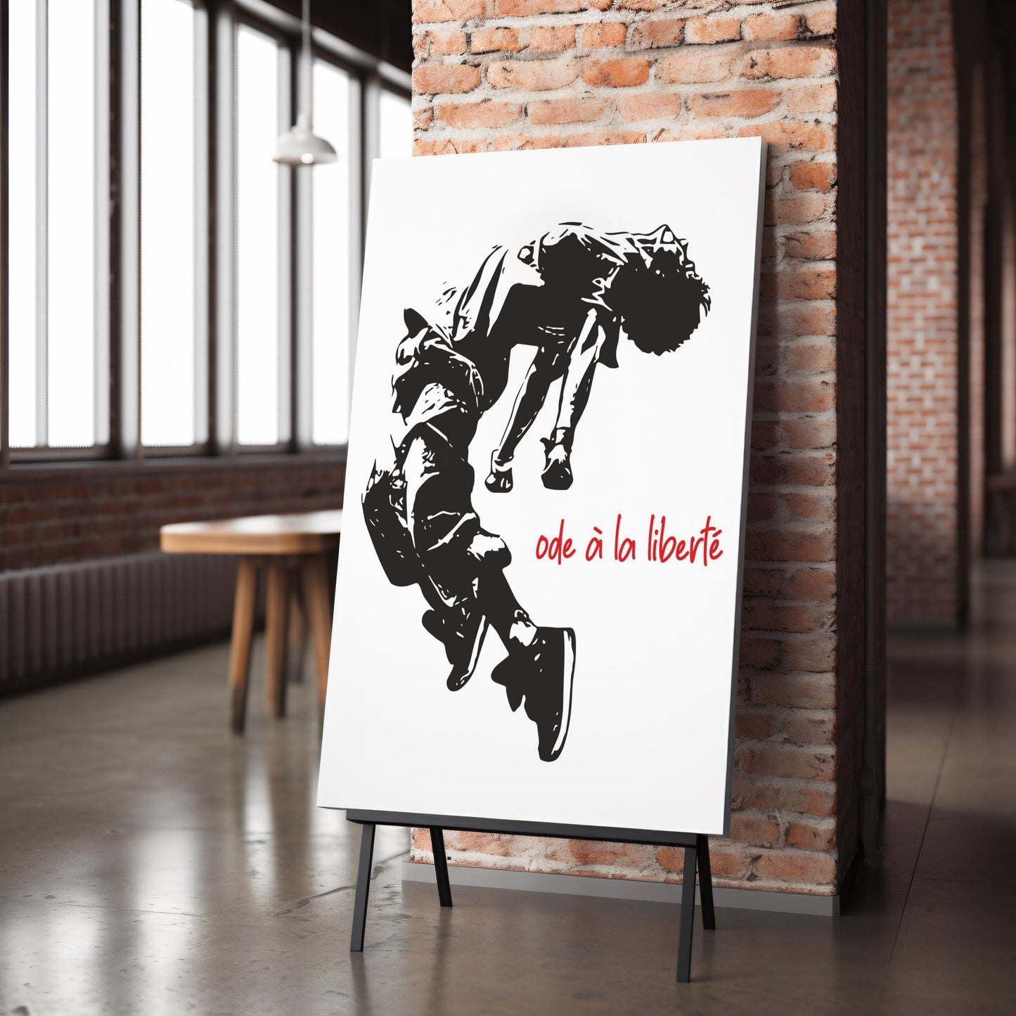 Ode a la Liberte graffiti canvas wall art or poster print for modern decor. Freedom themed illustration. Urban picture, Banksy street art, student gift. Black, white and red graphic design of young man jumping.