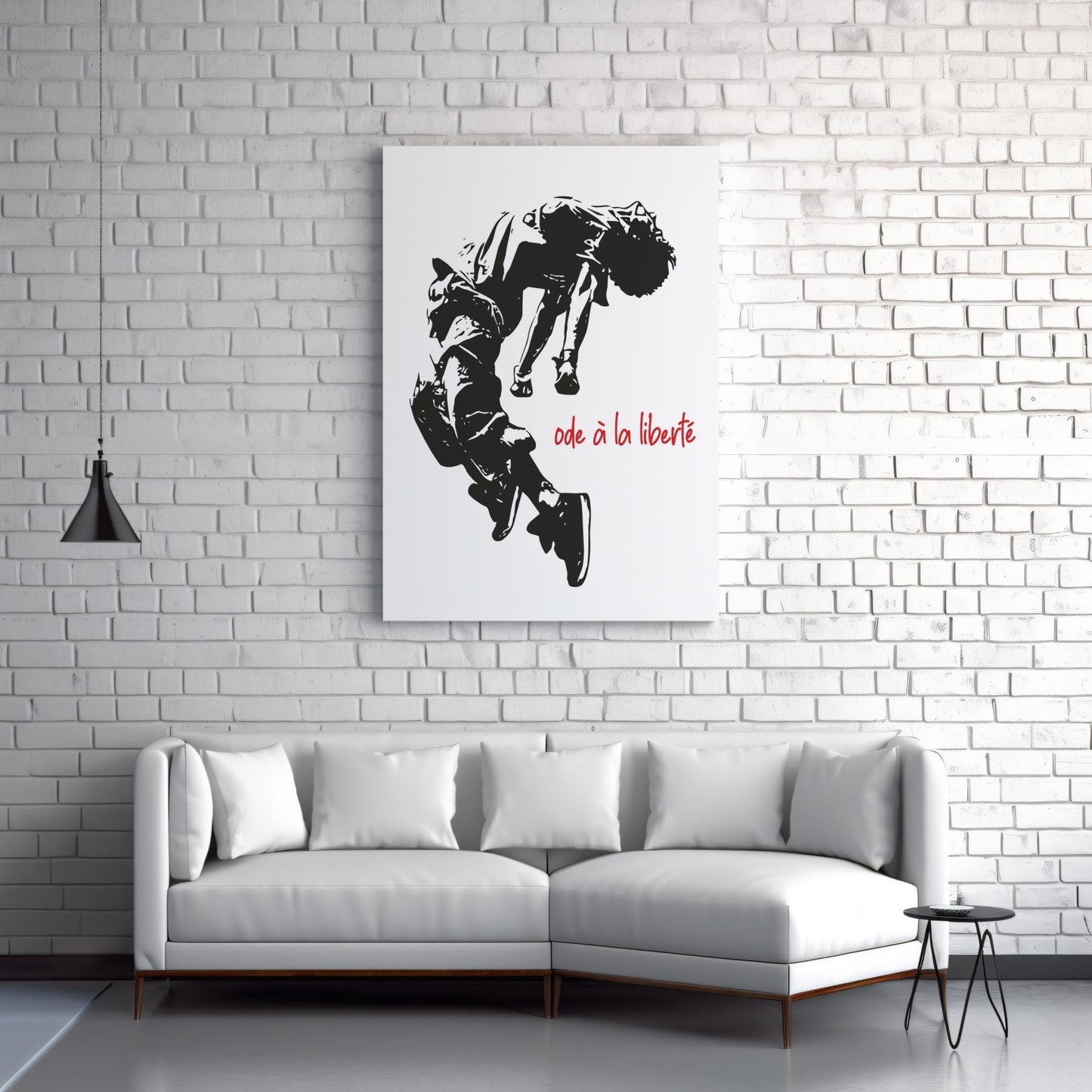 Ode a la Liberte graffiti canvas wall art or poster print for modern decor. Freedom themed illustration. Urban picture, Banksy street art, student gift. Black, white and red graphic design of young man jumping.