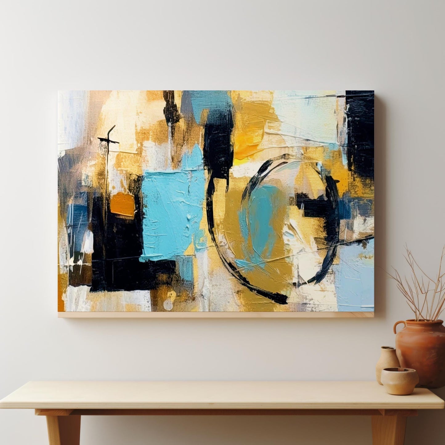 Blue Graffiti Abstract Canvas Wall Art or poster print. Vibrant blue yellow and black contemporary textured painting printed. Large picture