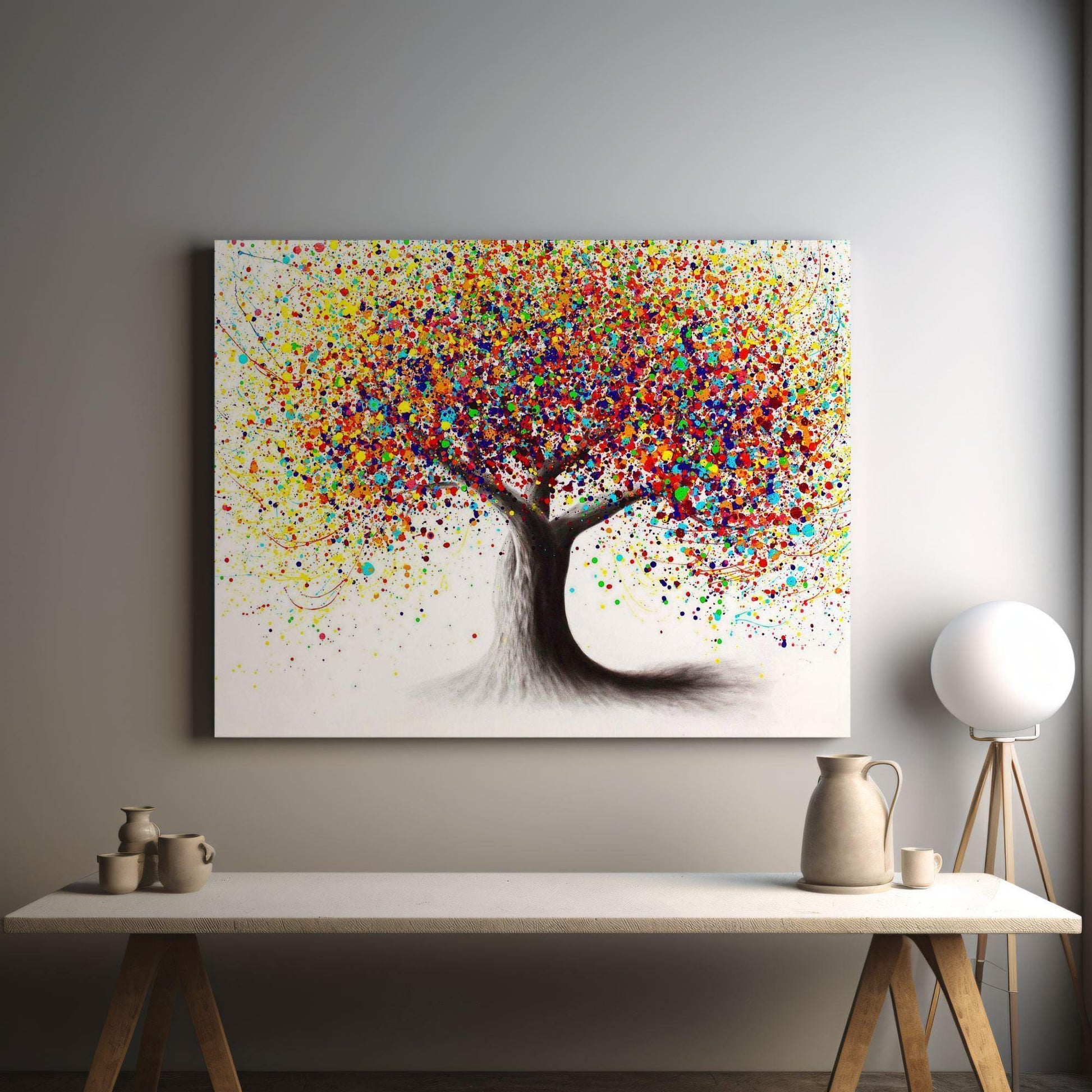 Rainbow Tree of Life Canvas Wall Art – Colourful Abstract Poster Print – Modern Artwork for Home Decor – Vibrant Splatter Nature Picture